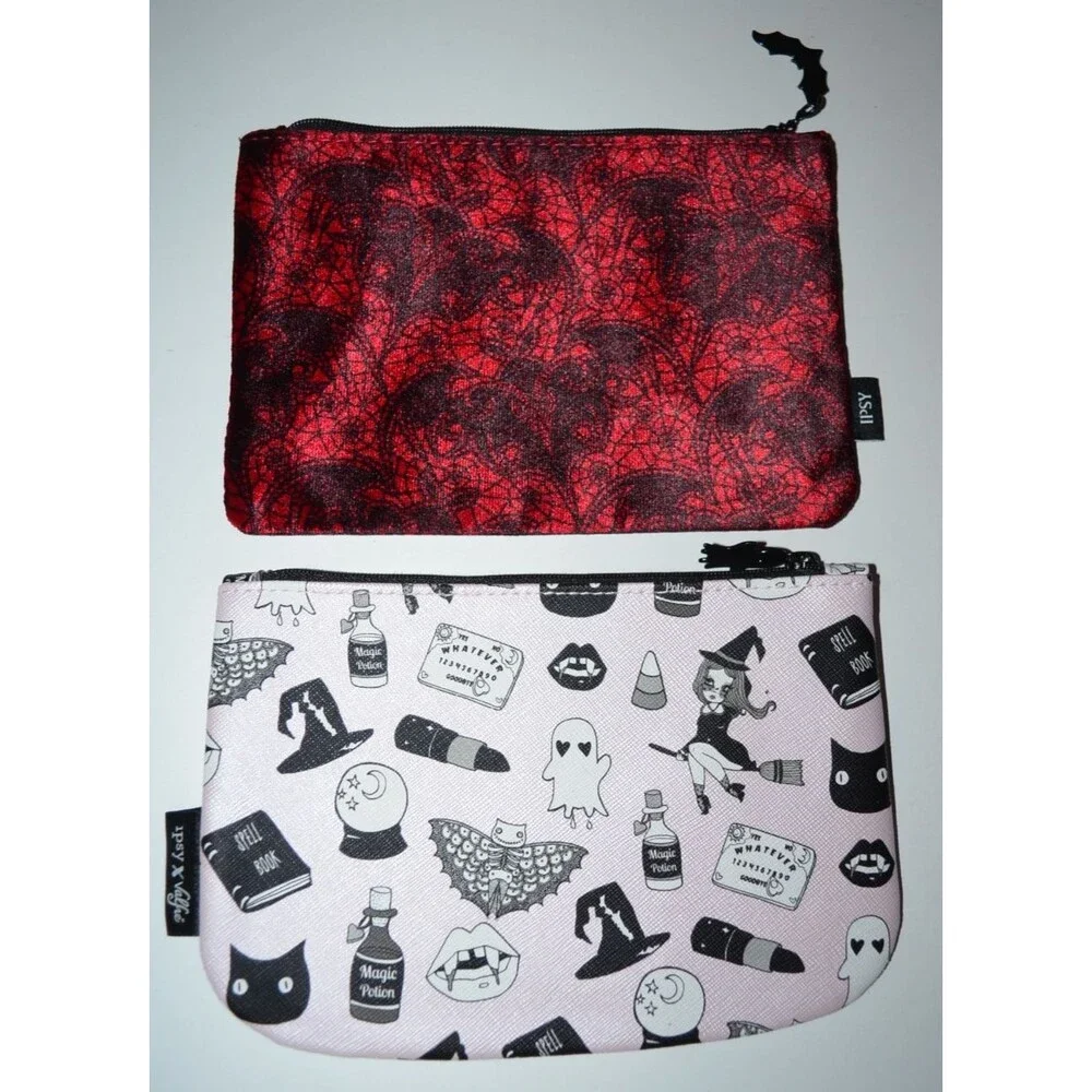 Ipsy Make Up Bag Lot Halloween Red Mask Velvet Bat Spider Web Maroon Lace Valfre